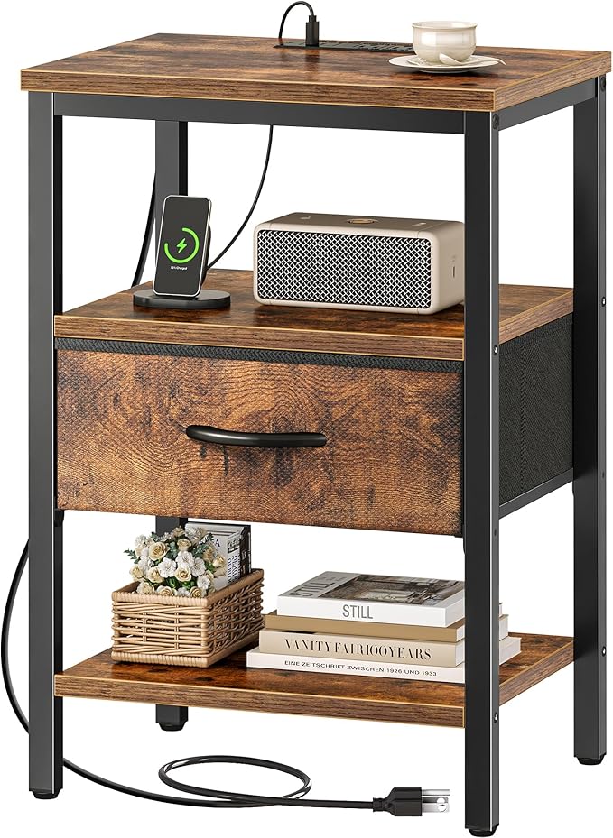 SUPERJARE Nightstand with Charging Station, Bed Side Table with Adjustable Fabric Drawer, Night Stand for Bedroom, 3-Tier Storage End Table, for Living Room, Rustic Brown