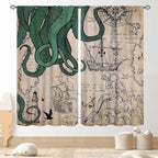 Nautical Octopus Curtains, Coastal Old Pirate Map Sailboat Compass Vintage Magic Ocean Kraken Octopus Tentacles Window Drapery Treatment for Bedroom Living Room Kitchen Bathroom 2 Panels, 84"x84" Inch