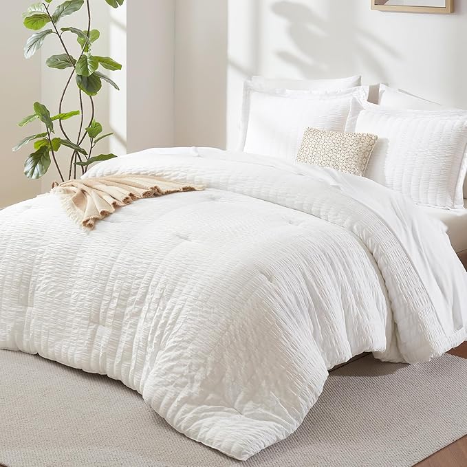 CozyLux California King Comforter Set with Sheets 7 Pieces, White Seersucker Bed in a Bag Cal King Luxury Soft Bedding Sets with Down Alternative Comforter, Sheets, Pillowcases & Shams for All Season