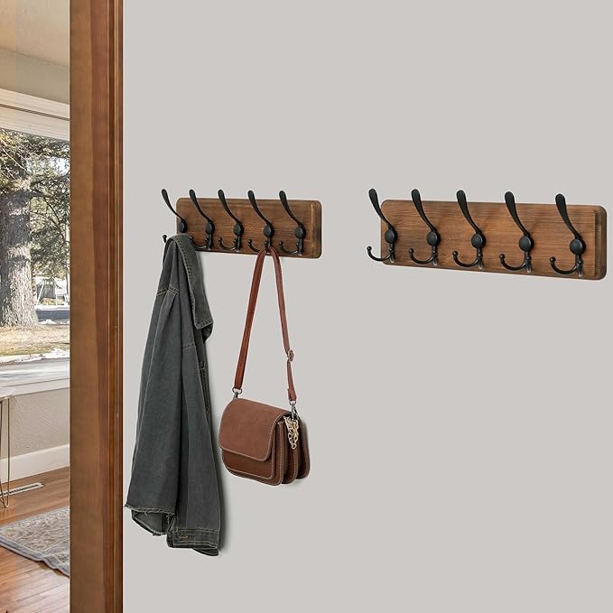 WEBI Rustic Coat Rack Wall Mount,Solid Wood Coat Hooks Wall Mounted Coat Hanger,16" Hole to Hole,Hook Rack Rail,5 Triple Hooks for Hanging Coats,Jacket,Clothes,Brown