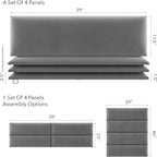Vänt Upholstered Wall Panels - King/Cal King Size Wall Mounted Velvet Headboards - Velvet Smoke Grey - Twin/King - Set of 4 Panels (Each Individual Panel 39"x11.5")