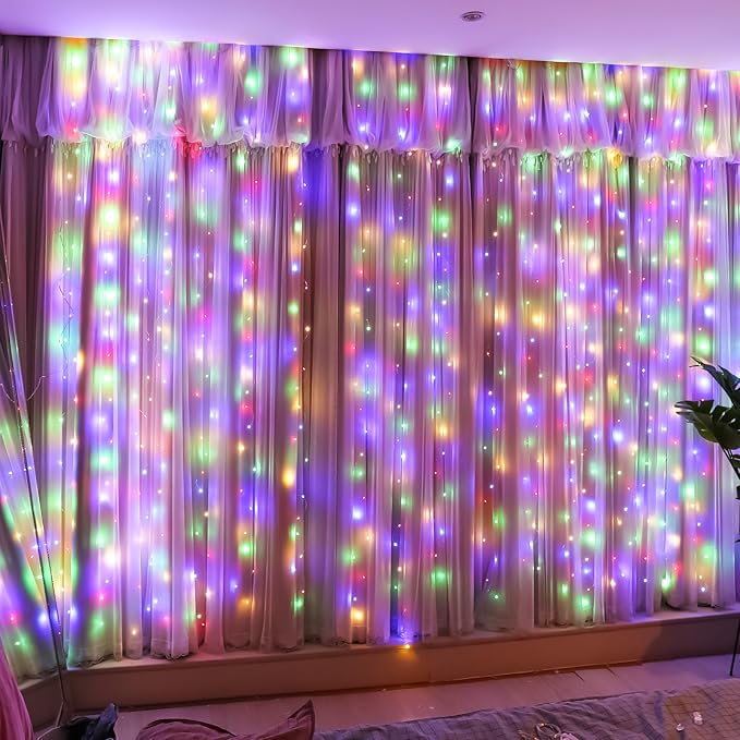 HXWEIYE 300LED Fairy Curtain Lights, 9.8x9.8Ft USB Plug-in 8 Modes Christmas String Hanging Lights with Remote for Bedroom Backdrop Wedding Party Indoor Wall Decor, Multicolor, Standard