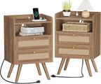 SUPERJARE 2 Drawer Night Stand with Charger Station, Boho Rattan Nightstand Set of 2, 25.2 Inch Tall Bed Side Table with Solid Wood Feet, End Table, Open Storage, Synthetic Rattan, Walnut