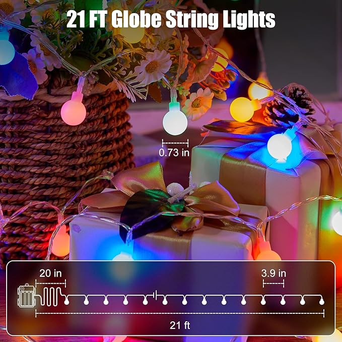 Globe String Lights Battery Operated - 21 Feet 60 Led Twinkle Fairy Lights, 8 Modes with Remote Mini Globe Lights for Indoor Outdoor Bedroom Party Wedding Garden Christmas Tree Decor, Multicolor