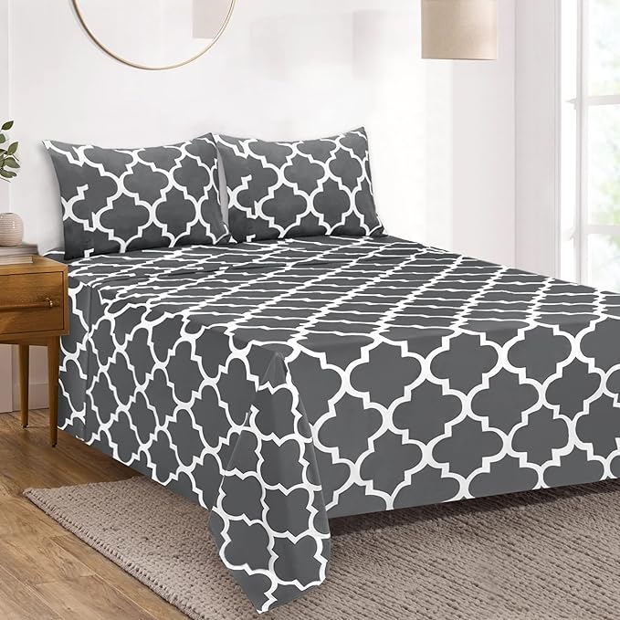 Mejoroom Queen Bed Sheet Set - Super Soft Brushed Microfiber 1800 Thread Count Queen Sheets with 16 inch Deep Pocket - Wrinkle Free - 4 Piece(Queen, Gray Quatrefoil with White Pattern)