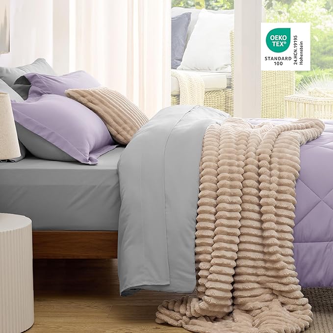 Bedsure Twin Comforter Set - 5 Pieces Reversible Light Purple Bedding, Twin Size Bed Set for All Seasons, Bed in a Bag with Down Alternative Comforter, Sheets, Pillowcase & Sham