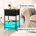 Nightstands Set of 2 with Charging Station and Drawer, End Table Side Table with 20 Colors LED Light Strip and 2 Layers Shelf for Bedroom Living Room Sofa (Rustic Brown)