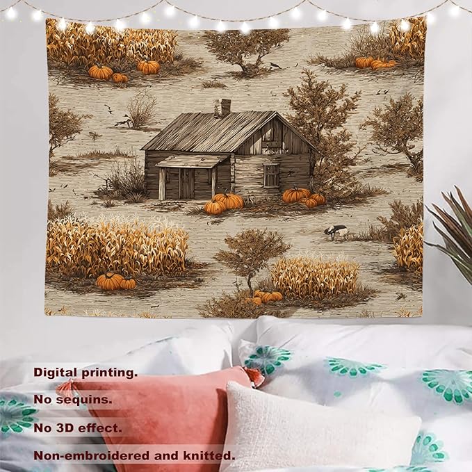 Batmerry Vintage Harvest Tapestry, Cabin In Pumpkin Field Wall Art Hanging Decoration Polyester Fiber White Ruffled Around for Dorm Room Bedroom Living Room, 59.1x82.7 inches