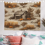 Batmerry Vintage Harvest Tapestry, Cabin In Pumpkin Field Wall Art Hanging Decoration Polyester Fiber White Ruffled Around for Dorm Room Bedroom Living Room, 59.1x82.7 inches