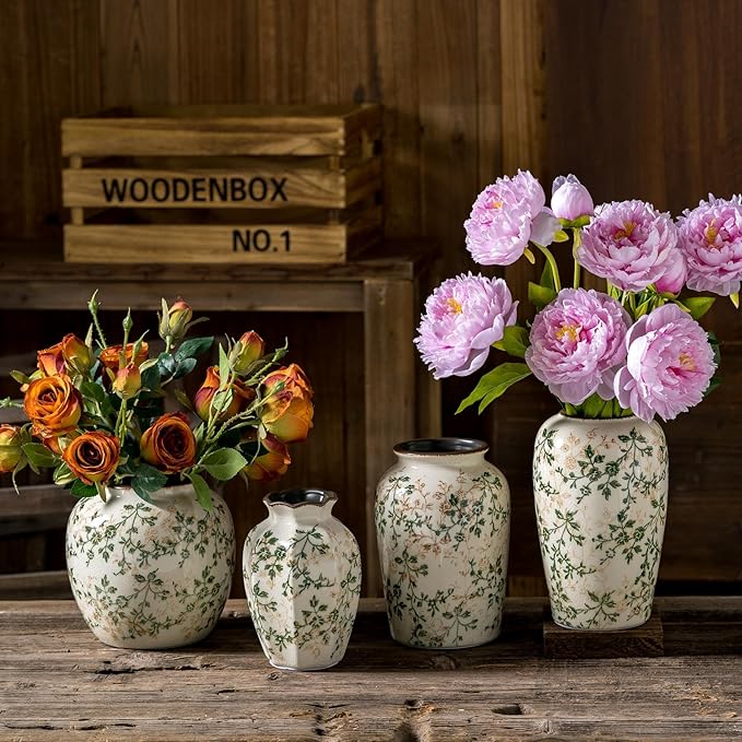 Vintage Pastoral Green and Beige Vase, Round Ceramic Floral Vases, Retro Ice Cracked Chinoiserie Vase for Home Decor, Living Room, Bookshelf, Office, Rustic Table Centerpiece 7.8 Inch