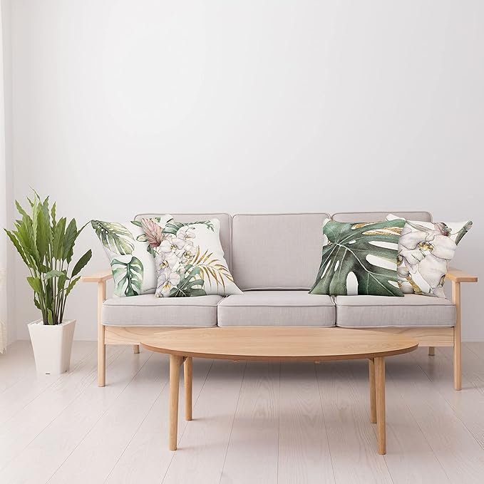 Ambesonne Vintage Tropical Throw Pillow Cushion Case Pack of 4, Retro Botanical Summer Vibes Monstera Leaf Orchid Flowers, Modern Accent Double-Sided Digital Printing, 18", Laurel Green Ginger Blush