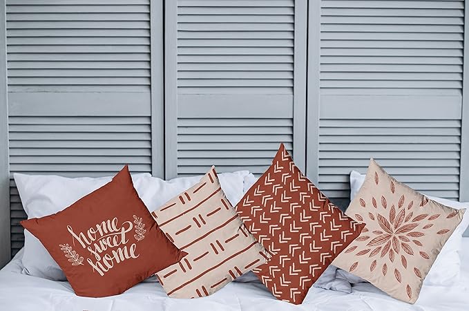 Ambesonne Modern Throw Pillow Cushion Case Pack of 4, Scandinavian Minimal Ornaments Boho Feather Leaves and Home Phrase Print, Modern Accent Double-Sided Digital Printing, 16", Pale Tan and Dark Rust