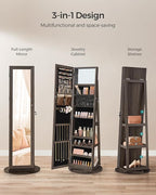 SONGMICS 360° Swivel Jewelry Cabinet, Lockable Jewelry Organizer with Full-Length Mirror, Rear Storage Shelves, Interior Mirror, Jewelry Armoire, Christmas Gifts for Women, Ash Brown UJJC006K02