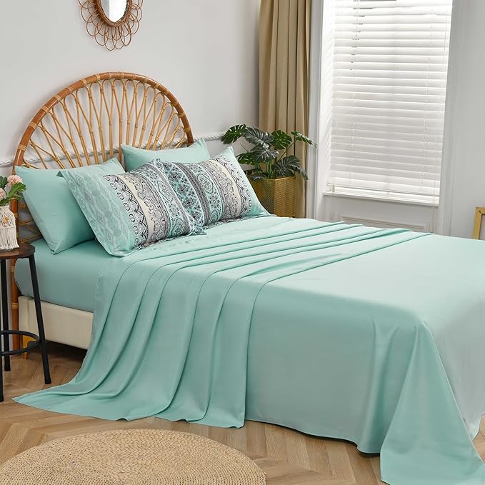 Cottolester Boho Comforter Set Queen Size,8 Piece Bed in a Bag Sage Green Paisley Comforter and Sheet Set,Striped Bedding Set Soft Microfiber Complete Bedding Set