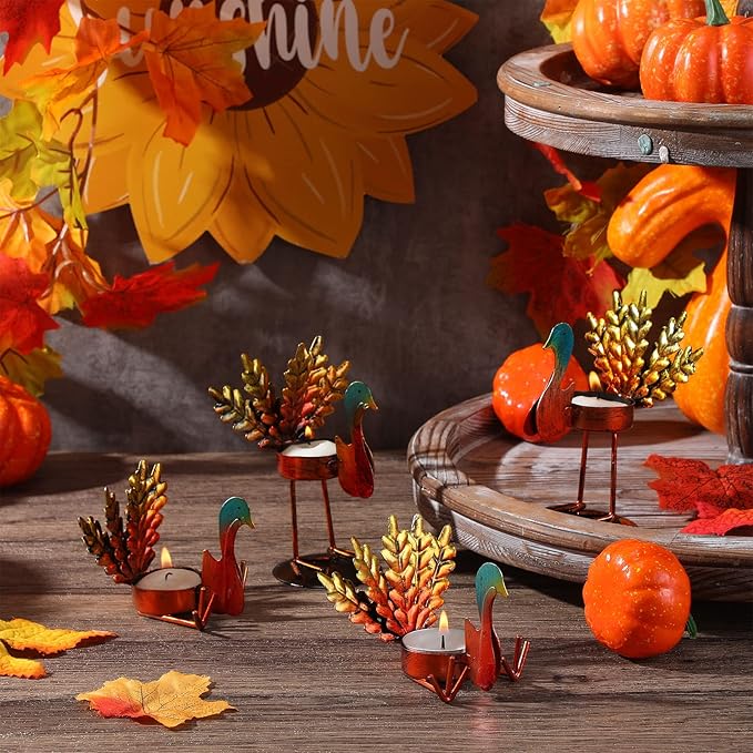 Sieral 12 Pieces Thanksgiving Candle Holder Metal Turkey Tea Light Candle Holders Thanksgiving Table Centerpieces Decoration Turkey Candlesticks for Fall Holiday Fireplace Home Centerpiece