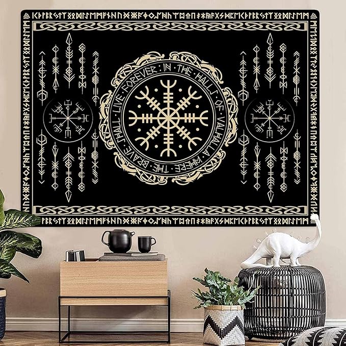 OSUNBD Nordic Vikings Tapestry 40x30 Inch - Soft Flannel Wall Hanging with Vegvsir, Celtic Runes, Scandinavian Mythology Art for Bedroom, Living Room Decor