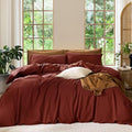 MooMee Bedding Duvet Cover Set 100% Washed Cotton Linen Like Textured Breathable Durable Soft Comfy (Solid Fired Brick Red, Oversized Queen 98"x98")