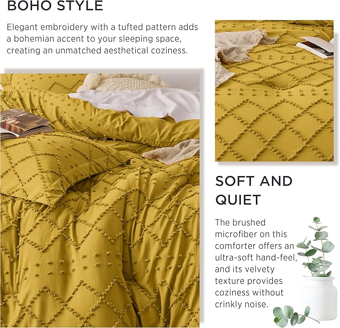 Bedsure Queen Comforter Set - Mustard Yellow Comforter, Boho Tufted Shabby Chic Bedding for Kids, 3 Pieces Vintage Farmhouse Bed Set for All Seasons, Fluffy Soft Bedding with 2 Pillow Shams