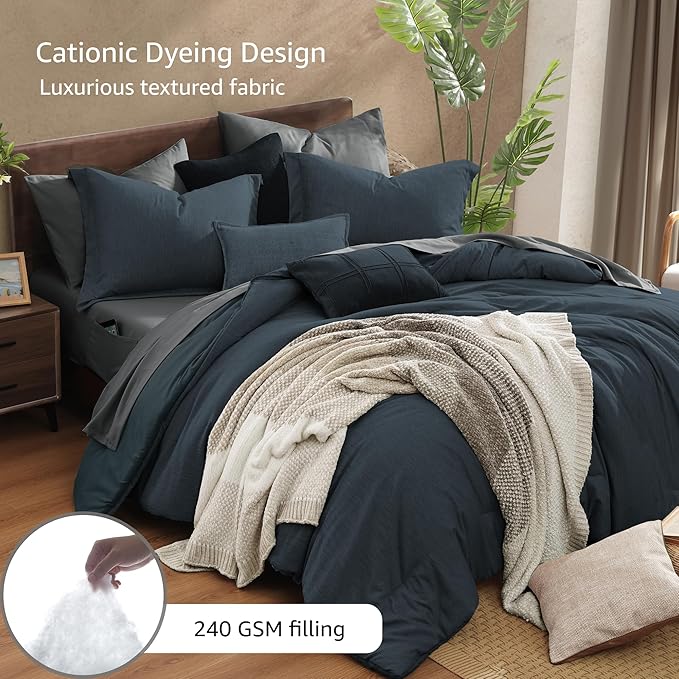 Monbix King Size Comforter Set, Navy Blue King Size Bed Set Reversible, King Comforter Set 7 Pieces, Cationic Dyeing Bed in a Bag with Comforter, Sheets, Pillowcases & Shams