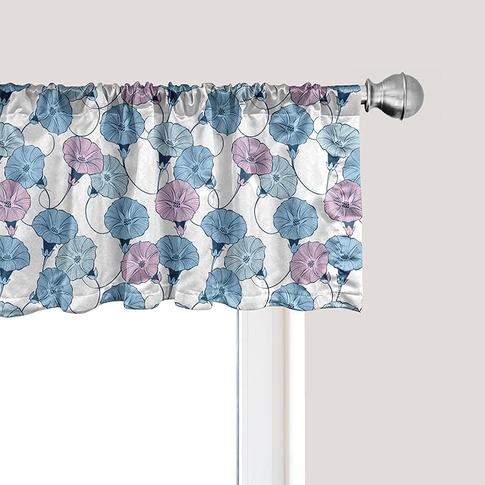 Ambesonne Flower Window Valance, Delicate Pastel Spring Trill Bindweeds, Curtain Valance for Kitchen Bedroom Decor with Rod Pocket, 42" x 12", Blue Grey Mauve