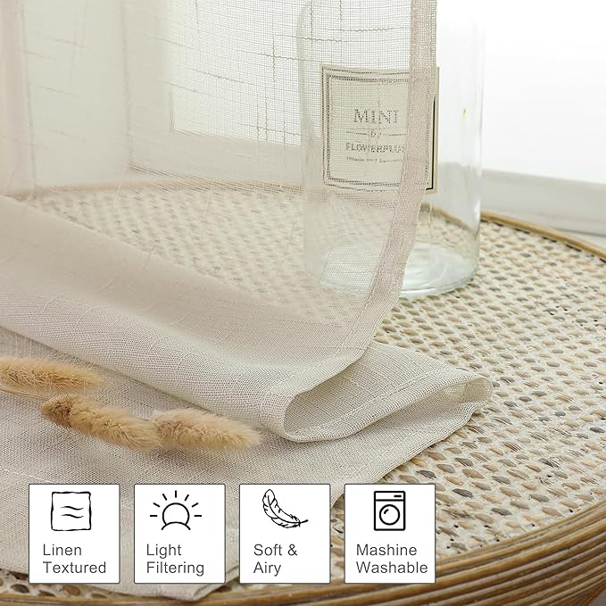 Aiyufeng Kirei Farmhouse Sheer Curtains Flax Textured for Living Room, Semi Sheer Vertical Drapes Privacy with Light Filter for Home Office/Farm House, W40 x L96, Linen, 1 Pair