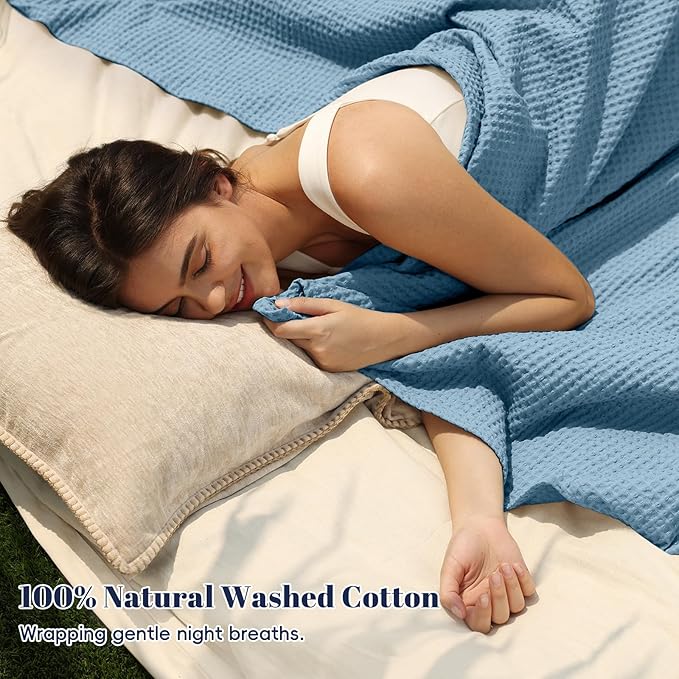 PHF 100% Cotton Waffle Weave Blanket Queen Size for Bed,Snag Proof Lightweight Breathable Moisture-Wicking Throw for Couch,Great for Layering in Cold Weather, Home Decor Gift-Dusty Blue