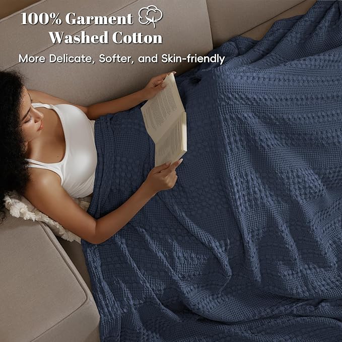 PHF 100% Cotton Waffle Weave Blanket Twin Size for Bed, Soft Lightweight & Breathable, All-Season Comfort, Luxury Aesthetic Woven Bedding for Home Decor, 66"x90", Indigo