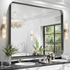 Hasipu Black Bathroom Wall-Mounted Mirror 50x40 Inch Rounded Rectangle Vanity Mirror Metal Framed Wall Mirrors Anti-Rust Surface Mount Over Sink (Hangs Horizontal or Vertical)