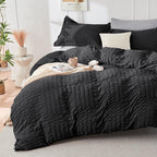 HYMOKEGE Black/Light Grey California King Comforter Set Seersucker 7 Pieces, All Season Luxury Bed in a Bag for Bedroom, Bedding Set with Comforter, Sheets, Pillowcases & Shams
