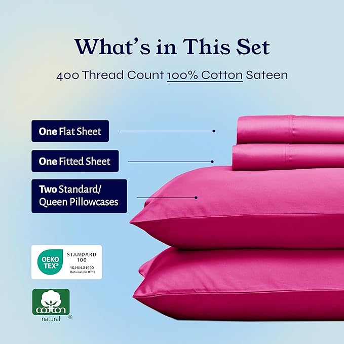 California Design Den Queen Bed Sheets Set - 400 Thread Count Sateen, Natural 100% Cotton Queen Size Sheet Set, Deep Pockets with All Around Elastic, Soft, Cool and Durable Bedding - Hot Pink