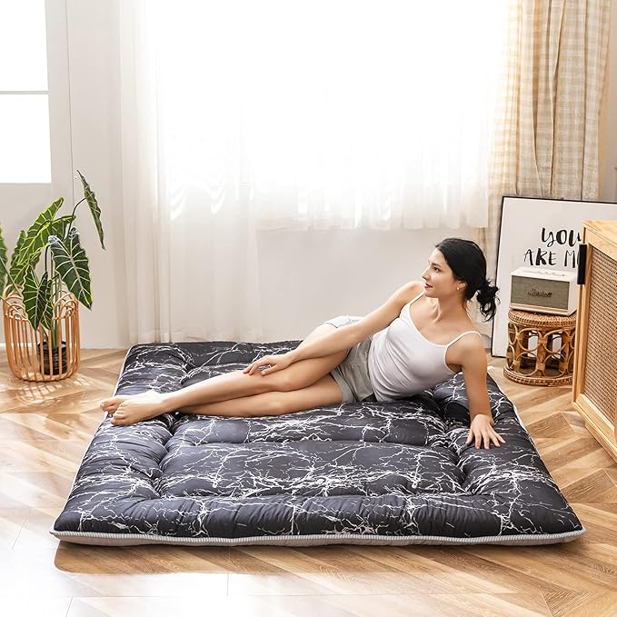 MAXYOYO Black Marble Printed Japanese Futon Floor Mattress, Thicken Sleeping Pad Floor Bed Roll Up Camping Guest Mattress Folding Couch Bed, Full Size