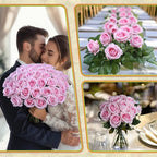 50 PCS Fake Pink Roses, Artificial Flowers Bulk Realistic Silk Faux Rose with Stems for Wedding Decoration Bridal Bouquet Birthday Celebrations DIY Floral Arrangement Home Decor