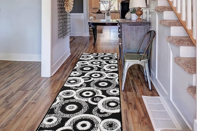 Custom Length Cut to Size Modern Farmhouse Carpet Runner Rug for Hallways, Non Slip Rubber Backed, 31 inch Wide X Customized Length, Geo Black, 31 inch X 22 feet