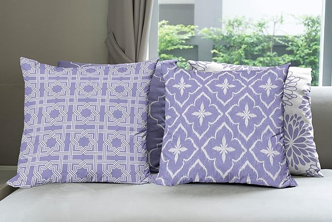 Ambesonne Vintage Throw Pillow Cushion Case Pack of 4, Monochrome Design Grid Trellis Quatrefoil Mesh and Dahlia Flowers Modern Print, Modern Accent Double-Sided Digital Printing, 18", Lavender White