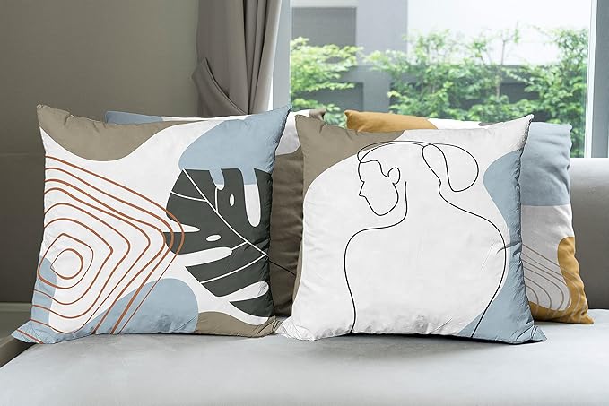 Ambesonne Minimal Throw Pillow Cushion Case Pack of 4, Modern Line Art Woman Portrait with Contemporary Leafy Geometric Details, Modern Accent Double-Sided Digital Printing, 24", Baby Blue Taupe Amber