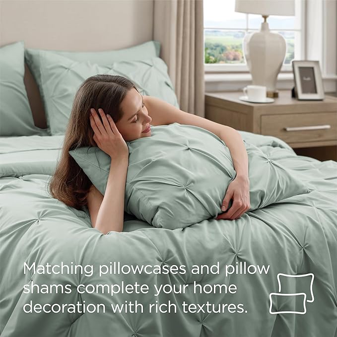 Bedsure Oversized King Comforter Set Sage Green - Bed in a Bag Bedding Set 7 Pieces, GentleSoft™ Pintuck Bed Set Gift for Family, Pinch Pleat Sage Green Comforter with Sheets, Pillowcases & Shams