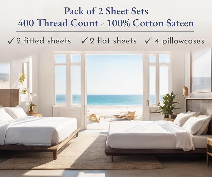California Design Den 2-Pack Full Size Sheet Sets 400 Thread Count 100% Cotton Sateen - Extra Soft, Breathable & Cooling Sheets, Wrinkle Resistant, 2 Sets of Deep Pocket Bed Sheets - Light Grey