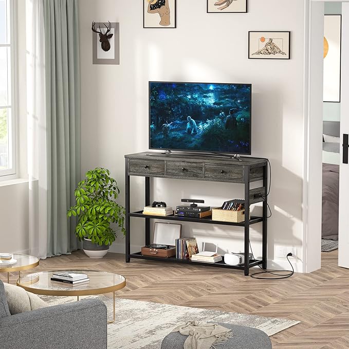 Ecoprsio 47'' Entryway Table with Outlets and USB Ports, Console Table with 3 Drawers, Sofa Table Narrow Long with Storage Shelves for Living Room, Couch, Hallway, Foyer, Kitchen Counter, Grey