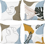 Ambesonne Minimal Throw Pillow Cushion Case Pack of 4, Modern Line Art Woman Portrait with Contemporary Leafy Geometric Details, Modern Accent Double-Sided Digital Printing, 18", Baby Blue Taupe Amber