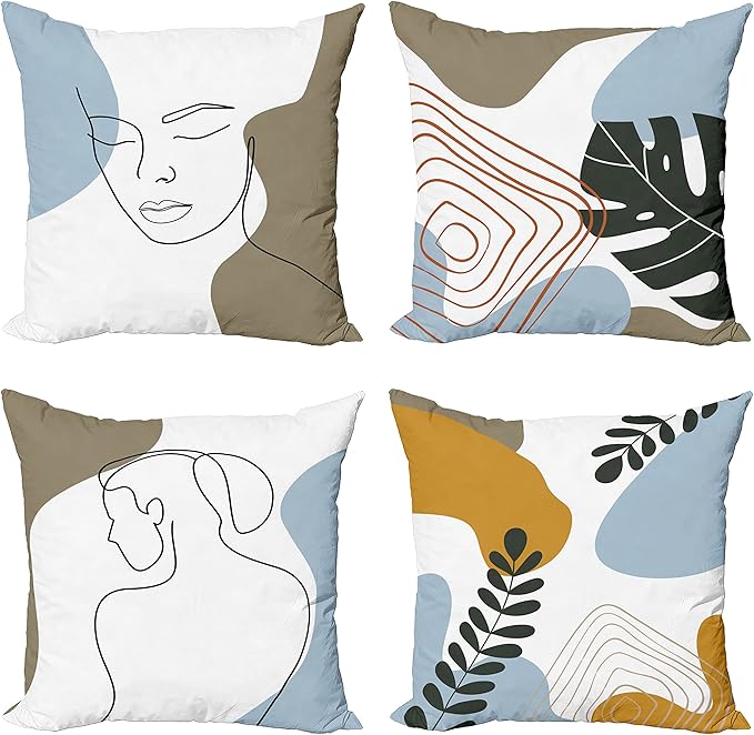 Ambesonne Minimal Throw Pillow Cushion Case Pack of 4, Modern Line Art Woman Portrait with Contemporary Leafy Geometric Details, Modern Accent Double-Sided Digital Printing, 24", Baby Blue Taupe Amber