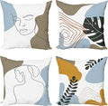 Ambesonne Minimal Throw Pillow Cushion Case Pack of 4, Modern Line Art Woman Portrait with Contemporary Leafy Geometric Details, Modern Accent Double-Sided Digital Printing, 24", Baby Blue Taupe Amber