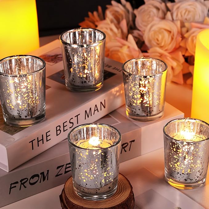 Votive Candle Holders Set of 24, Speckled Mercury Silver Candle Holders for Wedding Centerpiece Table Decorations, Tealight Candle Holder for Party Bridal Shower Decor, Home Decor