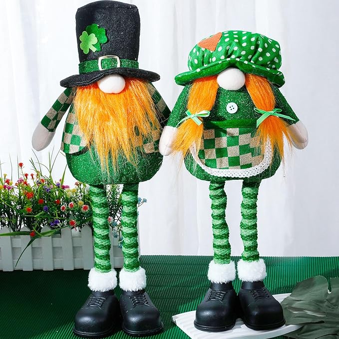 Standing St.Patrick's Day Gnome Plush Doll with Retractable Legs Nordic Scandinavian Swedish Dwarf Gnome Figurines Wearing Glitter Clothes & Black Boots Lucky Green Shamrock Irish Table Decor (2PCS)