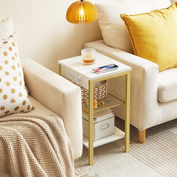 HOOBRO End Table with Charging Station and USB Ports, 3-Tier Nightstand with Adjustable Shelves, Small Side Table for Small Space in Living Room, Bedroom and Balcony, White and Gold DW112BZ01G1