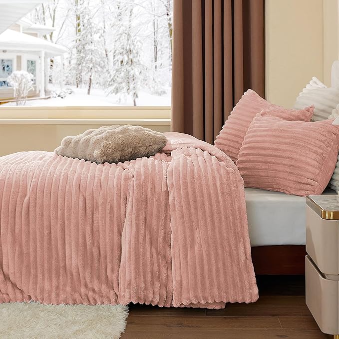 BEDELITE Fleece Queen Comforter Set -Super Soft & Warm Fluffy Dusty Pink Bedding, Luxury Fuzzy Heavy Bed Set for Winter with 2 Pillow Cases
