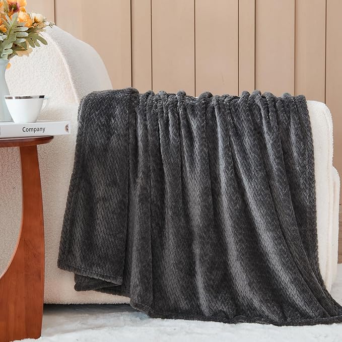 NEWCOSPLAY Super Soft Twin Blanket Dark Grey Premium Silky Flannel Fleece Leaves Pattern Lightweight Bed Blanket All Season Use (Dark Grey, Twin(60"x80"))