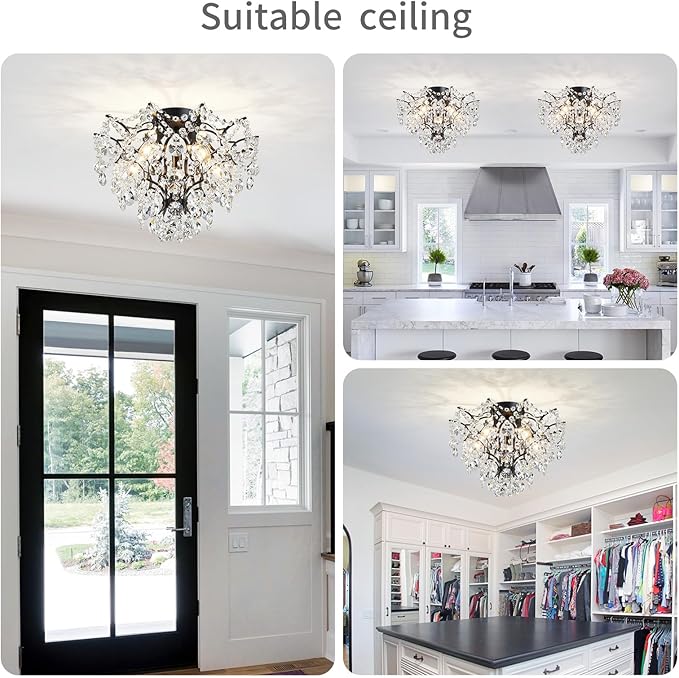 WUZUPS 5-Light Crystal Chandelier Flushmount Ceiling Light Modern Lighting Fixture for Bedroom Hallway Bar Kitchen Bathroom, H 12" W 15.4", E12 Base, Black