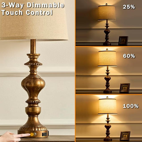 27.5" Farmhouse Table Lamps Set of 2 Bedside Nightstand Lamp with USB C+A Ports & AC Outlet, 3 Way Dimmable Touch Lamps for Bedroom Living Room Office Hallway Rustic Traditional Lamp (Copper)