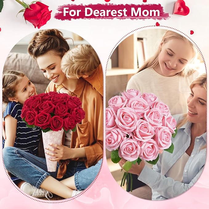BLEUM CADE 100 Pcs Red Velvet Roses Artificial Flowers, Real Touch, Long Stems, Wedding & Occasion Decor