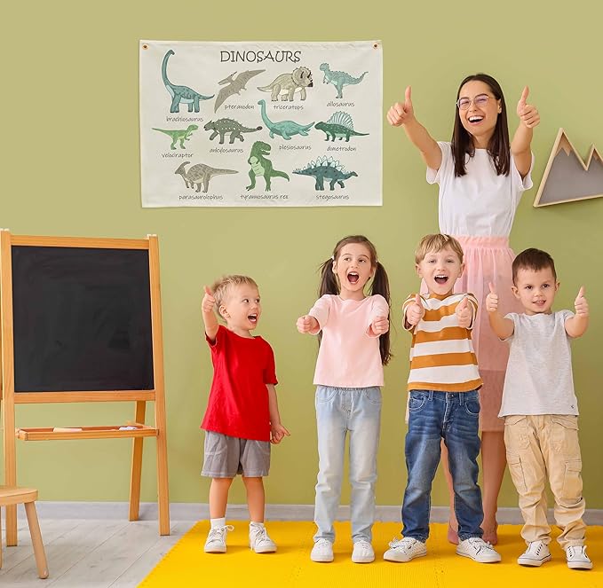 Dinosaurs Themed Rectangular Canvas Banner Flag Wall Sign Art Gift for Nursery Classroom Above Crib Bedroom Playroom Reading Room Wall Decor Baby Shower Kids Teen Birthday Christmas Gift